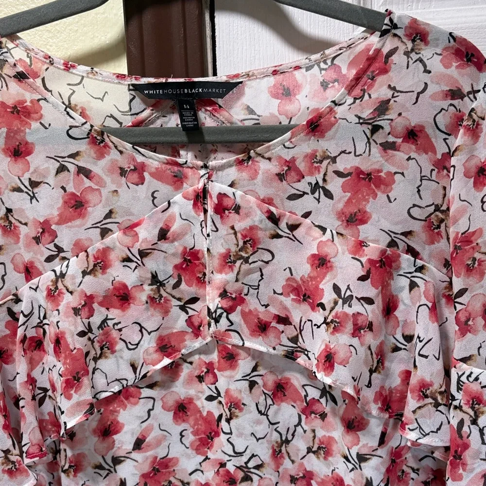White House Black Market Pink Floral Sheer Ruffle Blouse - Picture 12 of 13